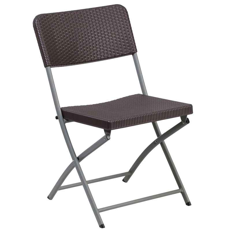 2 Pack SINGLEWAVE Series Brown Rattan Plastic Folding Chair with Gray Frame