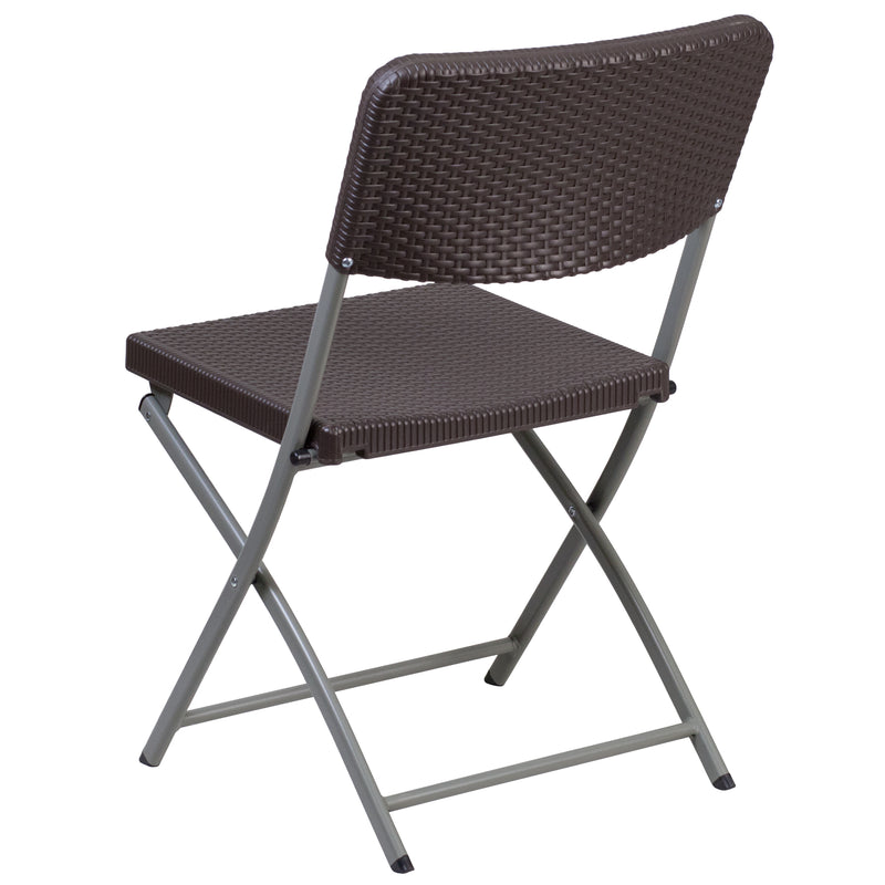 2 Pack SINGLEWAVE Series Brown Rattan Plastic Folding Chair with Gray Frame