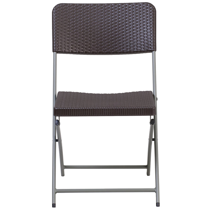 2 Pack SINGLEWAVE Series Brown Rattan Plastic Folding Chair with Gray Frame