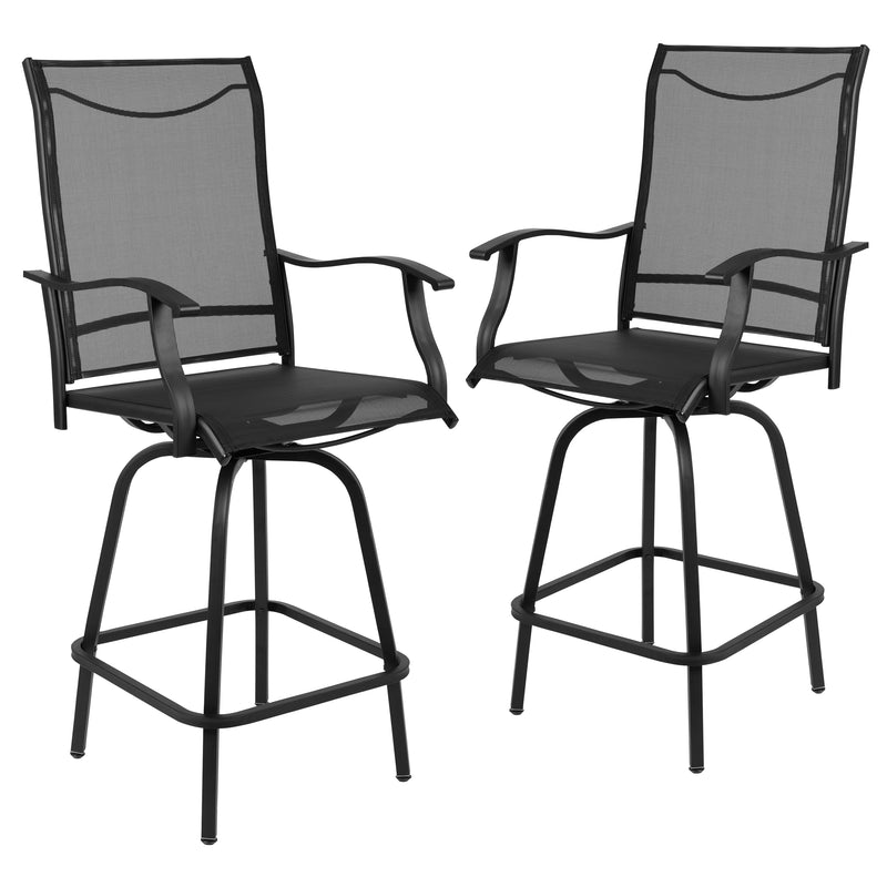 Patio Bar Height Stools Set of 2, All-Weather Textilene Swivel Patio Stools and Deck Chairs with High Back & Armrests in Black