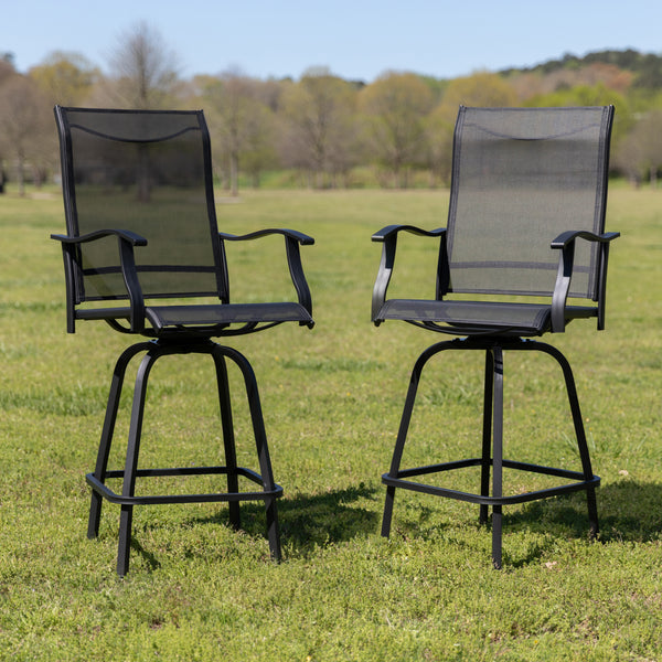 Patio Bar Height Stools Set of 2, All-Weather Textilene Swivel Patio Stools and Deck Chairs with High Back & Armrests in Black