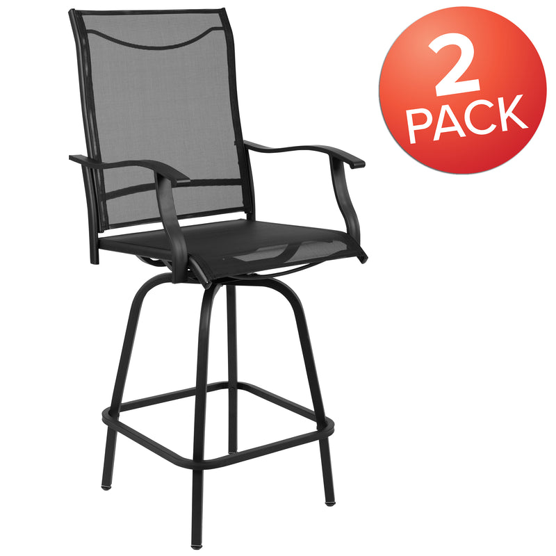 Patio Bar Height Stools Set of 2, All-Weather Textilene Swivel Patio Stools and Deck Chairs with High Back & Armrests in Black