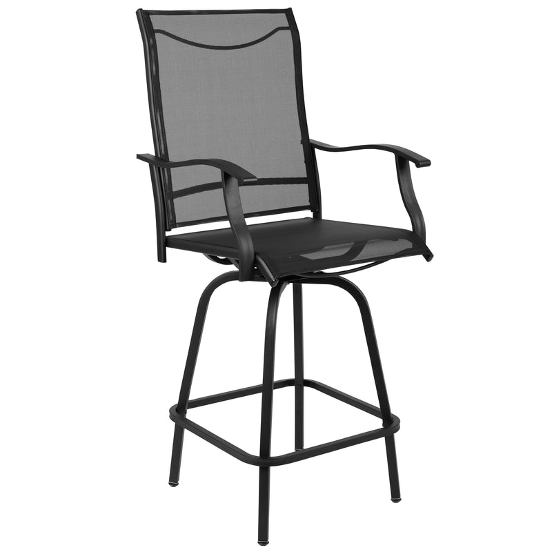 Patio Bar Height Stools Set of 2, All-Weather Textilene Swivel Patio Stools and Deck Chairs with High Back & Armrests in Black