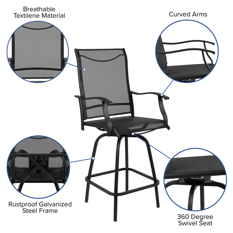 Patio Bar Height Stools Set of 2, All-Weather Textilene Swivel Patio Stools and Deck Chairs with High Back & Armrests in Black