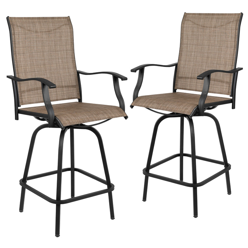 Patio Bar Height Stools Set of 2, All-Weather Textilene Swivel Patio Stools and Deck Chairs with High Back & Armrests in Brown