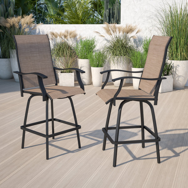 Patio Bar Height Stools Set of 2, All-Weather Textilene Swivel Patio Stools and Deck Chairs with High Back & Armrests in Brown