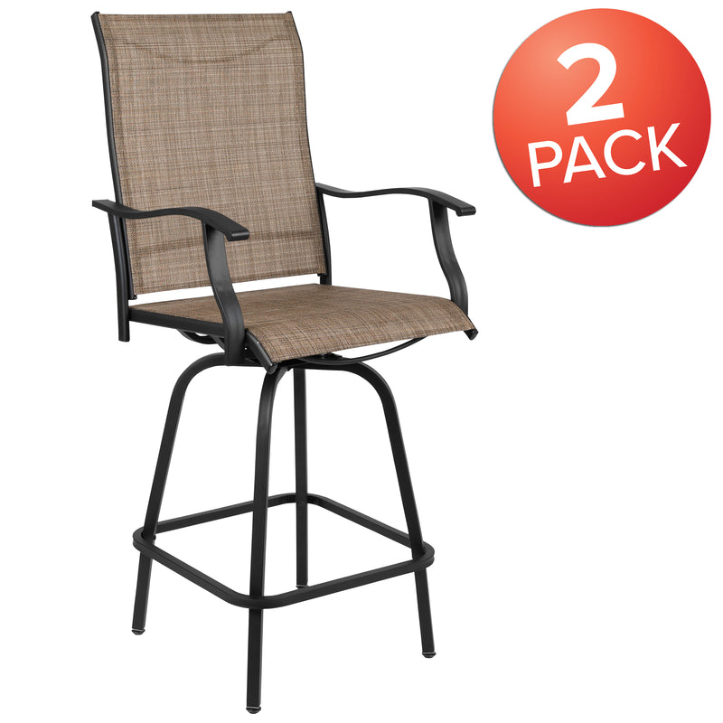 Patio Bar Height Stools Set of 2, All-Weather Textilene Swivel Patio Stools and Deck Chairs with High Back & Armrests in Brown