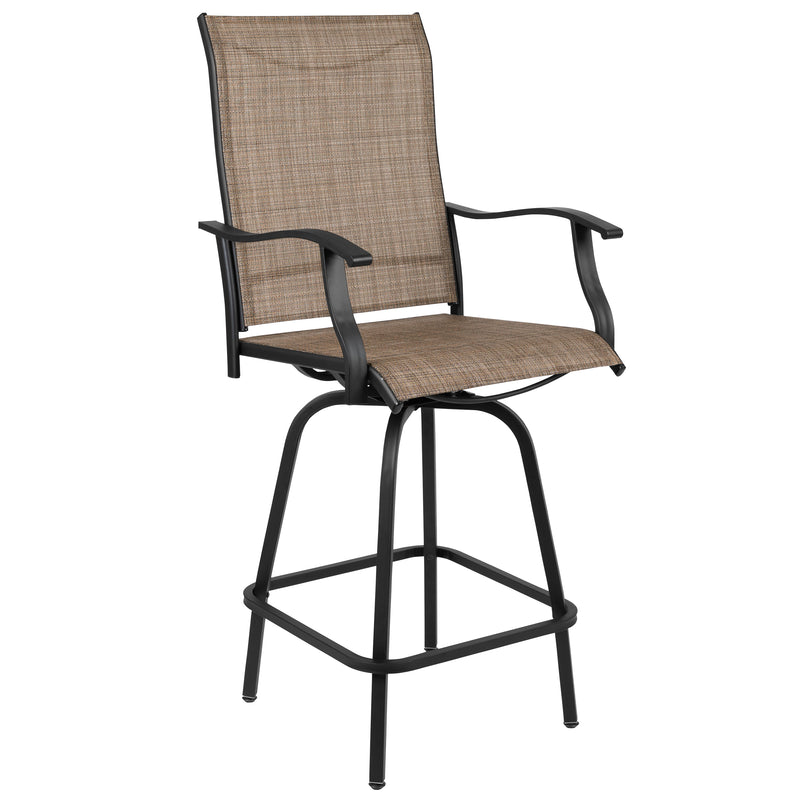 Patio Bar Height Stools Set of 2, All-Weather Textilene Swivel Patio Stools and Deck Chairs with High Back & Armrests in Brown