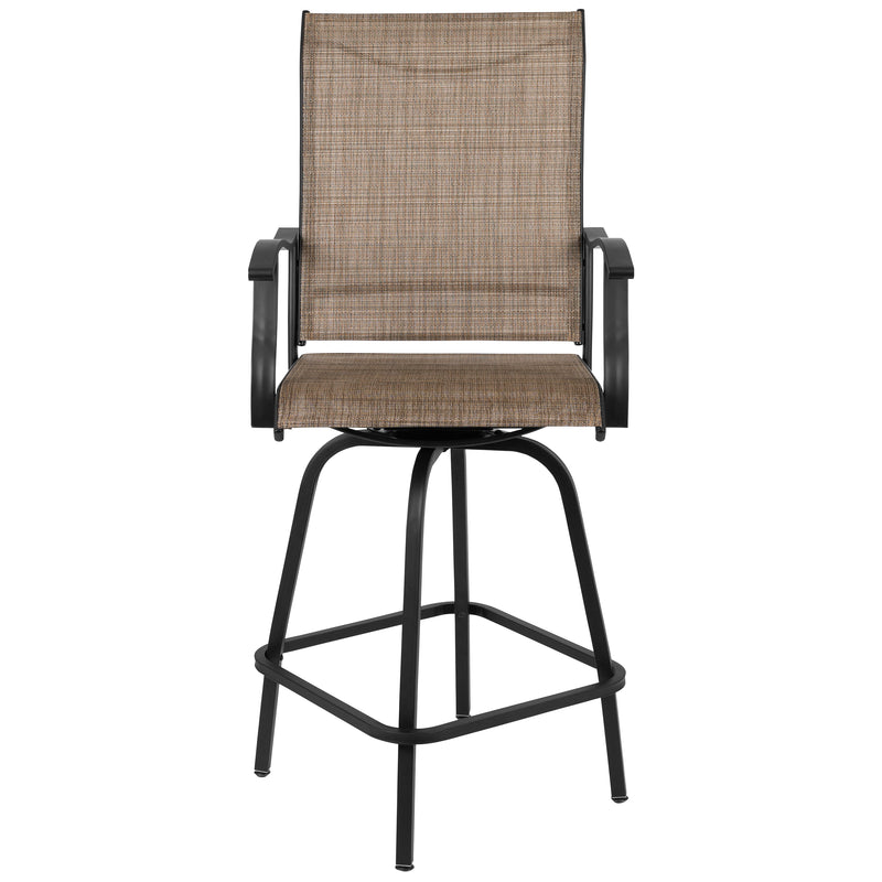 Patio Bar Height Stools Set of 2, All-Weather Textilene Swivel Patio Stools and Deck Chairs with High Back & Armrests in Brown