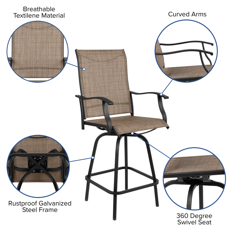 Patio Bar Height Stools Set of 2, All-Weather Textilene Swivel Patio Stools and Deck Chairs with High Back & Armrests in Brown