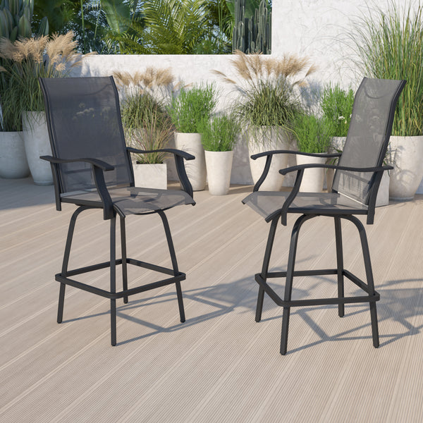 Patio Bar Height Stools Set of 2, All-Weather Textilene Swivel Patio Stools and Deck Chairs with High Back & Armrests in Gray