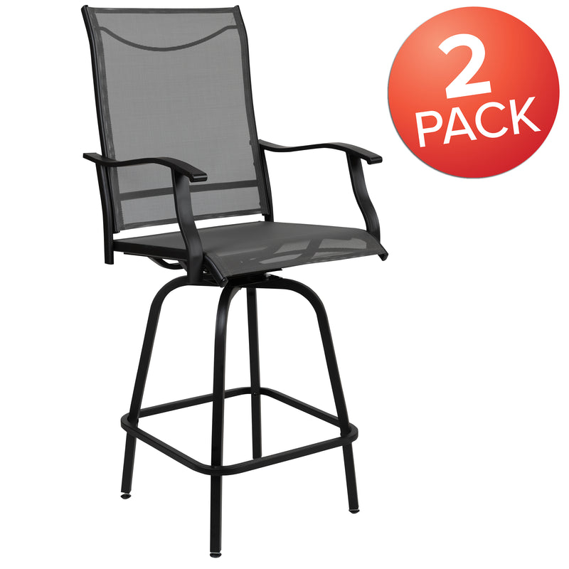 Patio Bar Height Stools Set of 2, All-Weather Textilene Swivel Patio Stools and Deck Chairs with High Back & Armrests in Gray