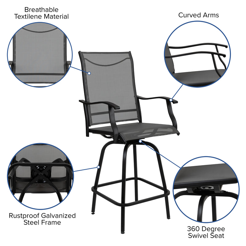 Patio Bar Height Stools Set of 2, All-Weather Textilene Swivel Patio Stools and Deck Chairs with High Back & Armrests in Gray