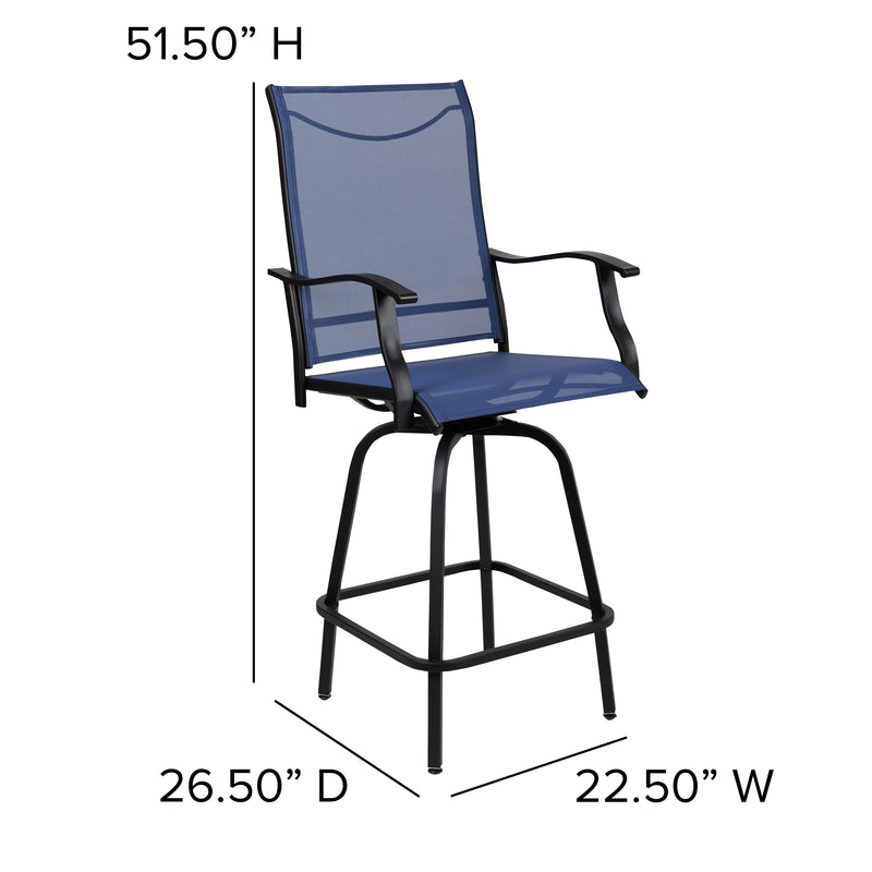 Patio Bar Height Stools Set of 2, All-Weather Textilene Swivel Patio Stools and Deck Chairs with High Back & Armrests in Navy