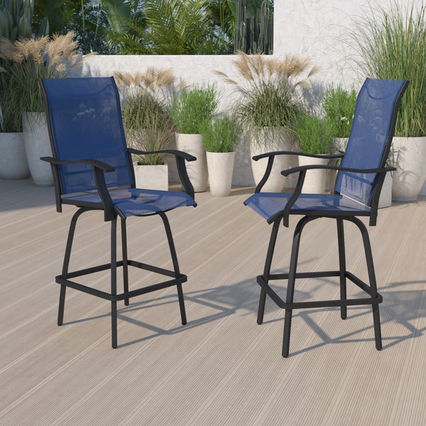 Patio Bar Height Stools Set of 2, All-Weather Textilene Swivel Patio Stools and Deck Chairs with High Back & Armrests in Navy