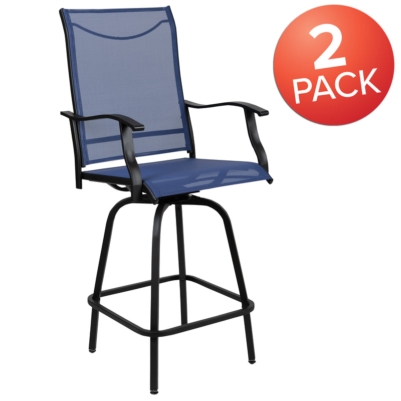 Patio Bar Height Stools Set of 2, All-Weather Textilene Swivel Patio Stools and Deck Chairs with High Back & Armrests in Navy