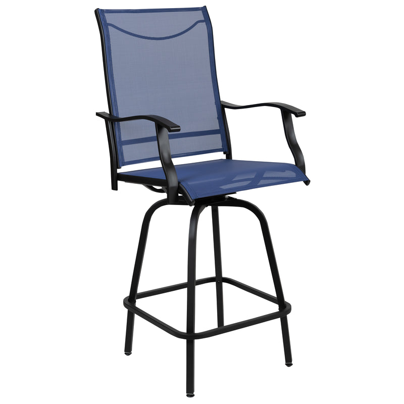 Patio Bar Height Stools Set of 2, All-Weather Textilene Swivel Patio Stools and Deck Chairs with High Back & Armrests in Navy