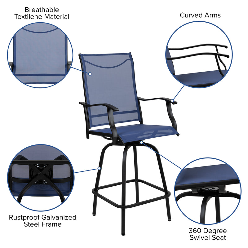 Patio Bar Height Stools Set of 2, All-Weather Textilene Swivel Patio Stools and Deck Chairs with High Back & Armrests in Navy