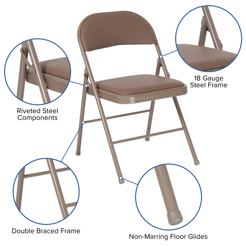 2 Pack SINGLEWAVE Series Double Braced Beige Vinyl Folding Chair