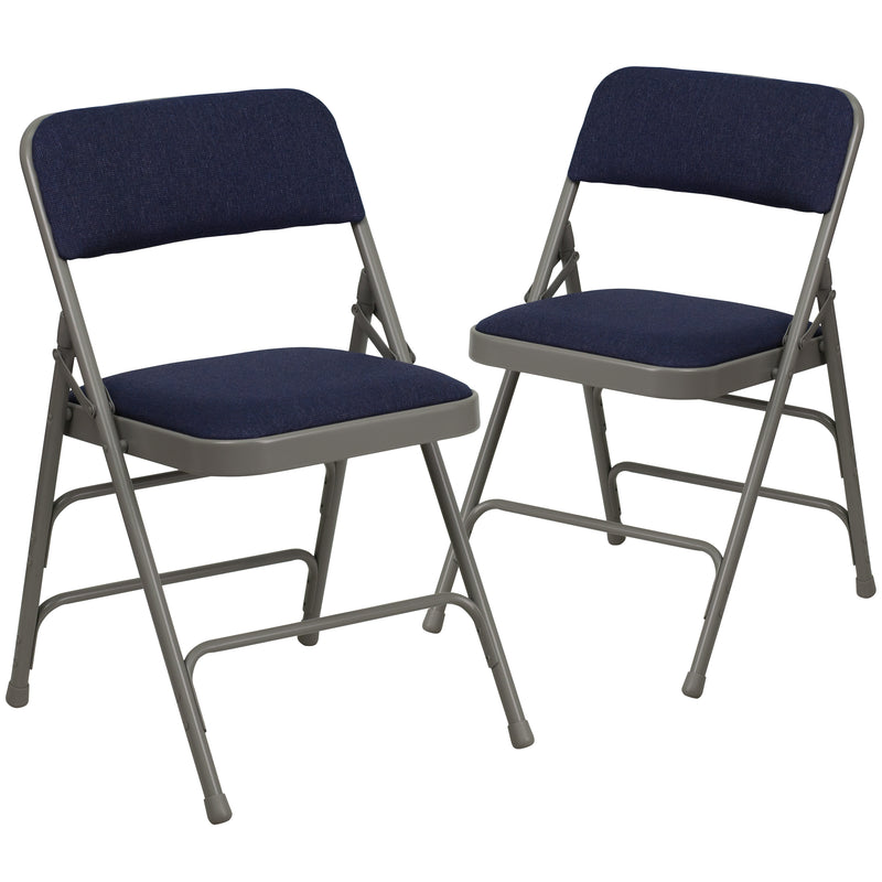 2 Pack SINGLEWAVE Series Curved Triple Braced & Double Hinged Navy Fabric Metal Folding Chair