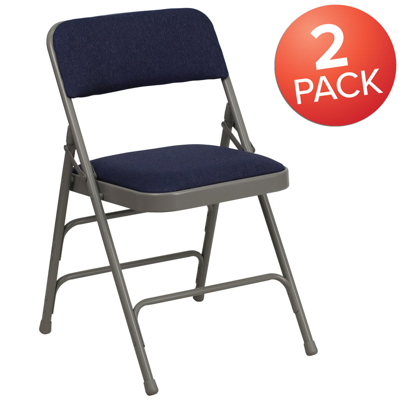 2 Pack SINGLEWAVE Series Curved Triple Braced & Double Hinged Navy Fabric Metal Folding Chair