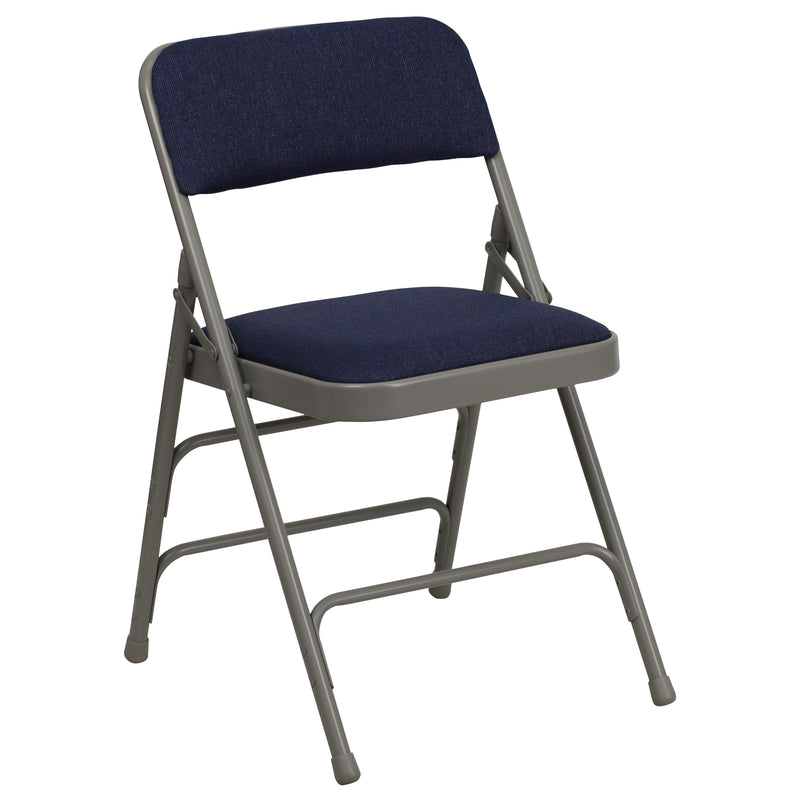 2 Pack SINGLEWAVE Series Curved Triple Braced & Double Hinged Navy Fabric Metal Folding Chair