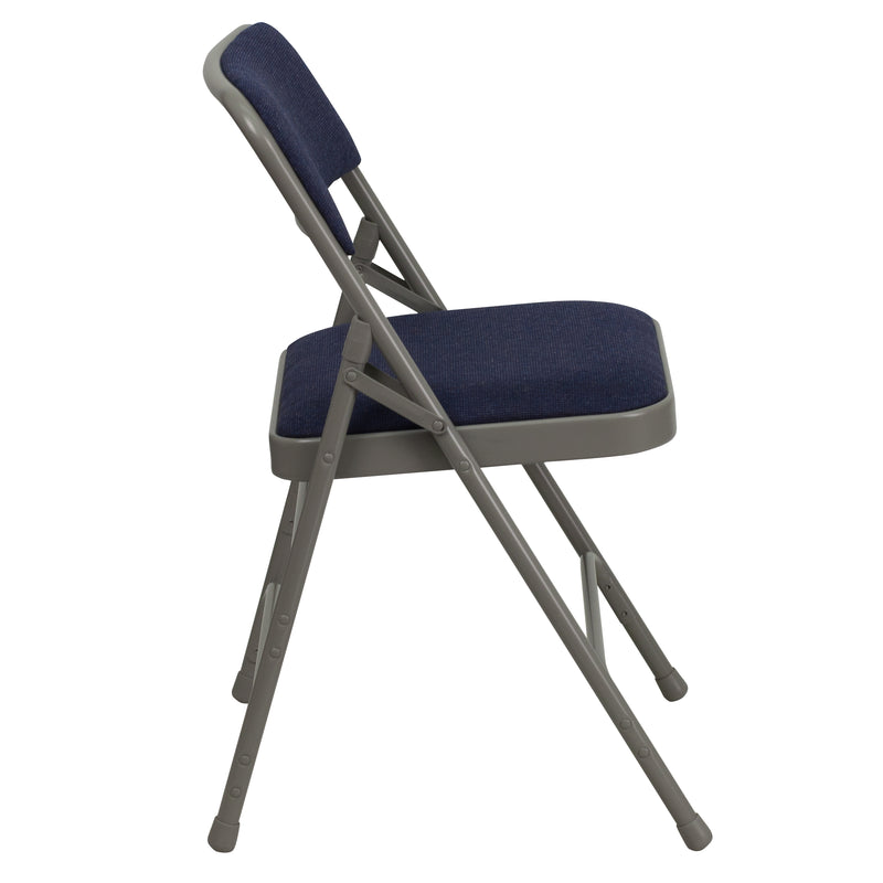 2 Pack SINGLEWAVE Series Curved Triple Braced & Double Hinged Navy Fabric Metal Folding Chair