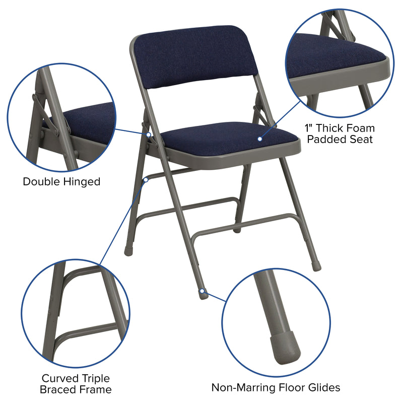 2 Pack SINGLEWAVE Series Curved Triple Braced & Double Hinged Navy Fabric Metal Folding Chair