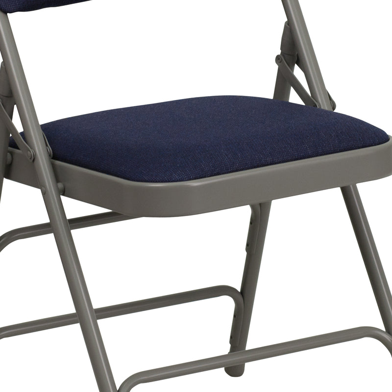 2 Pack SINGLEWAVE Series Curved Triple Braced & Double Hinged Navy Fabric Metal Folding Chair