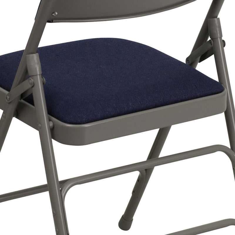 2 Pack SINGLEWAVE Series Curved Triple Braced & Double Hinged Navy Fabric Metal Folding Chair