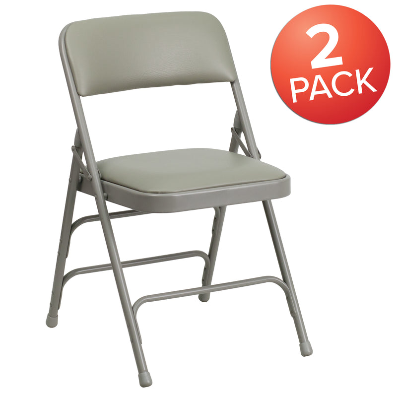 2 Pack SINGLEWAVE Series Curved Triple Braced & Double Hinged Gray Vinyl Metal Folding Chair