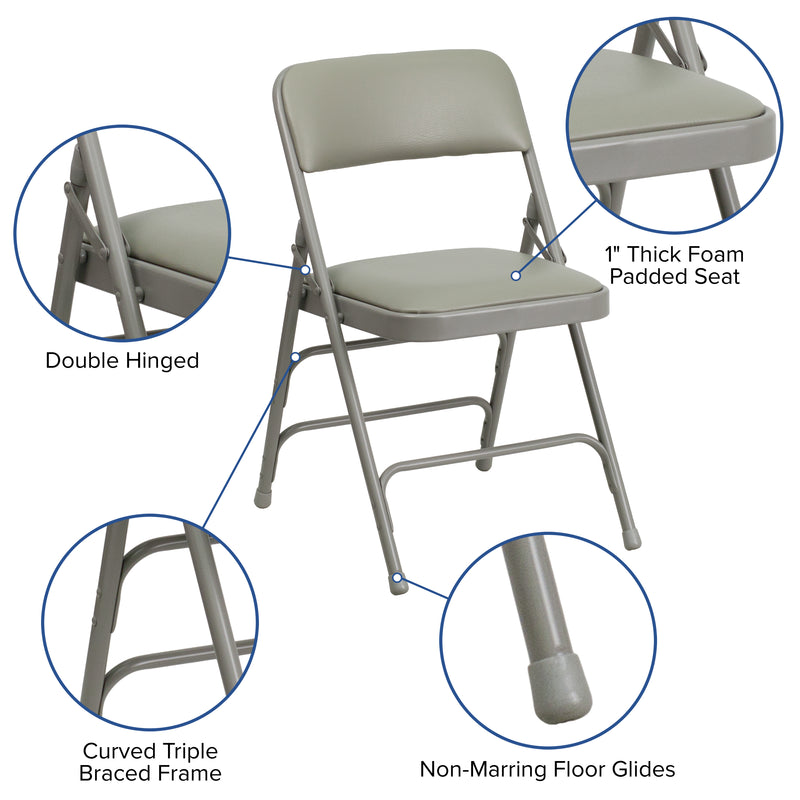 2 Pack SINGLEWAVE Series Curved Triple Braced & Double Hinged Gray Vinyl Metal Folding Chair