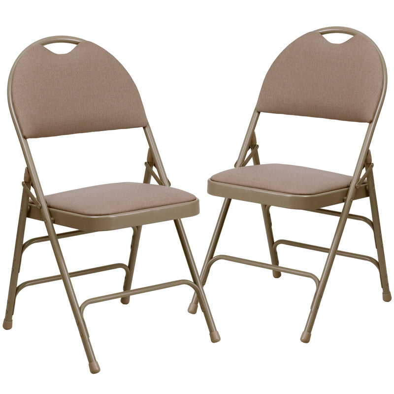 2 Pack SINGLEWAVE Series Ultra-Premium Triple Braced Beige Fabric Metal Folding Chair with Easy-Carry Handle