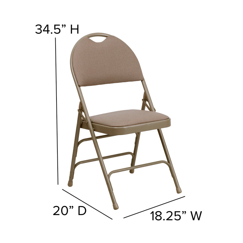 2 Pack SINGLEWAVE Series Ultra-Premium Triple Braced Beige Fabric Metal Folding Chair with Easy-Carry Handle