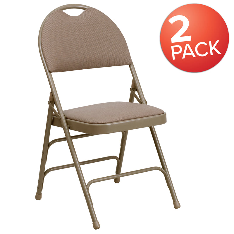 2 Pack SINGLEWAVE Series Ultra-Premium Triple Braced Beige Fabric Metal Folding Chair with Easy-Carry Handle