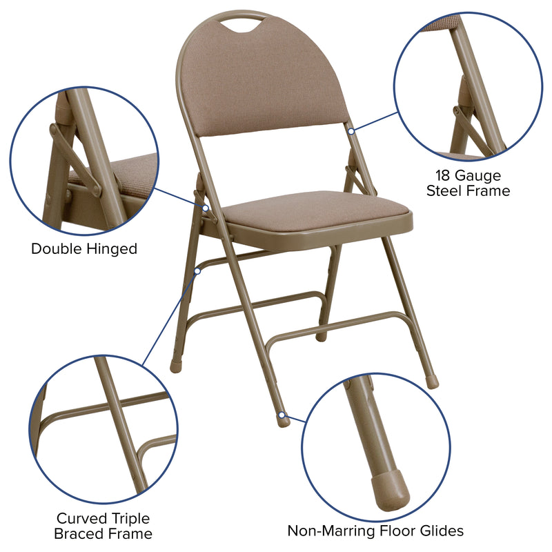 2 Pack SINGLEWAVE Series Ultra-Premium Triple Braced Beige Fabric Metal Folding Chair with Easy-Carry Handle