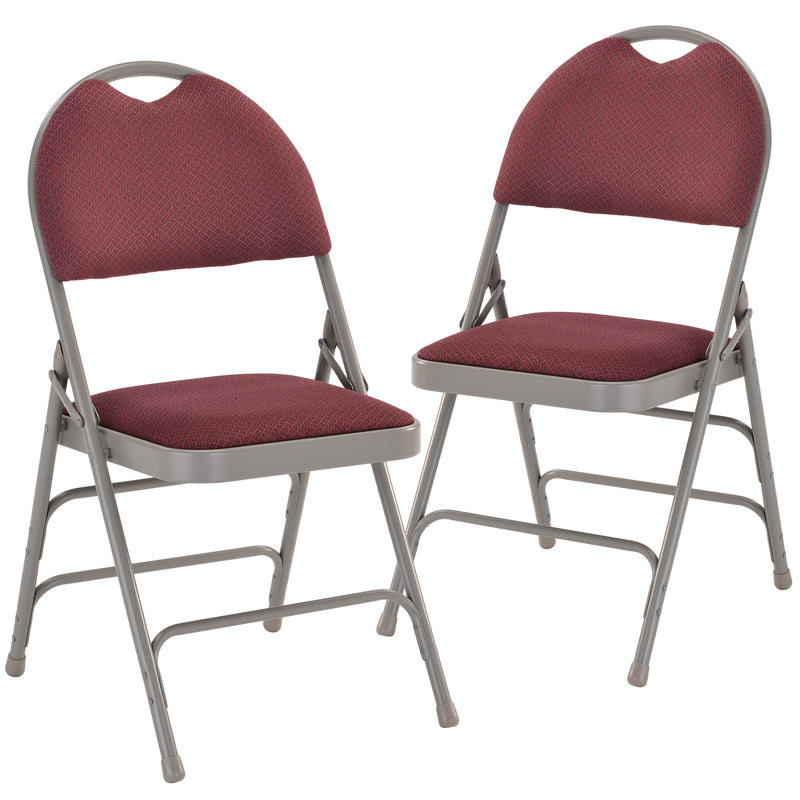 2 Pack SINGLEWAVE Series Ultra-Premium Triple Braced Burgundy Fabric Metal Folding Chair with Easy-Carry Handle