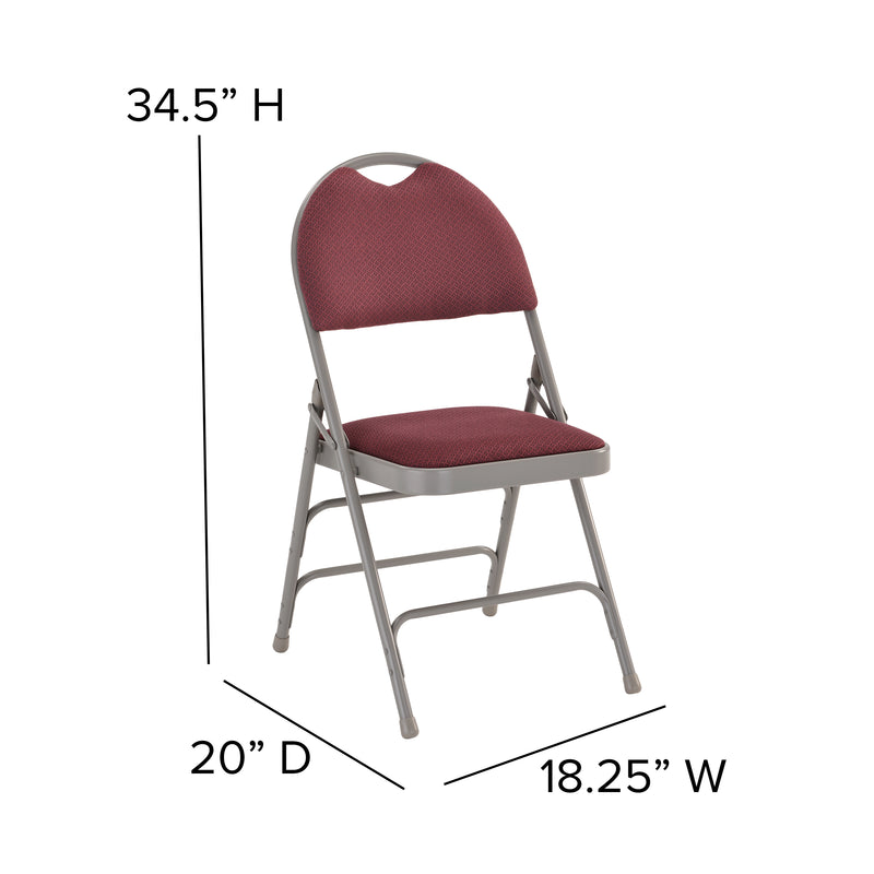 2 Pack SINGLEWAVE Series Ultra-Premium Triple Braced Burgundy Fabric Metal Folding Chair with Easy-Carry Handle