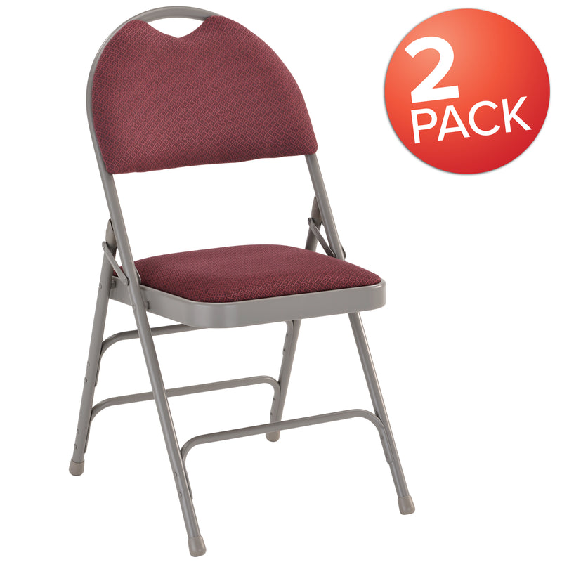 2 Pack SINGLEWAVE Series Ultra-Premium Triple Braced Burgundy Fabric Metal Folding Chair with Easy-Carry Handle