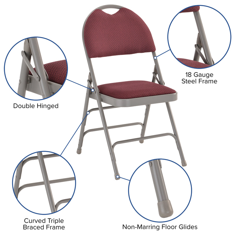 2 Pack SINGLEWAVE Series Ultra-Premium Triple Braced Burgundy Fabric Metal Folding Chair with Easy-Carry Handle