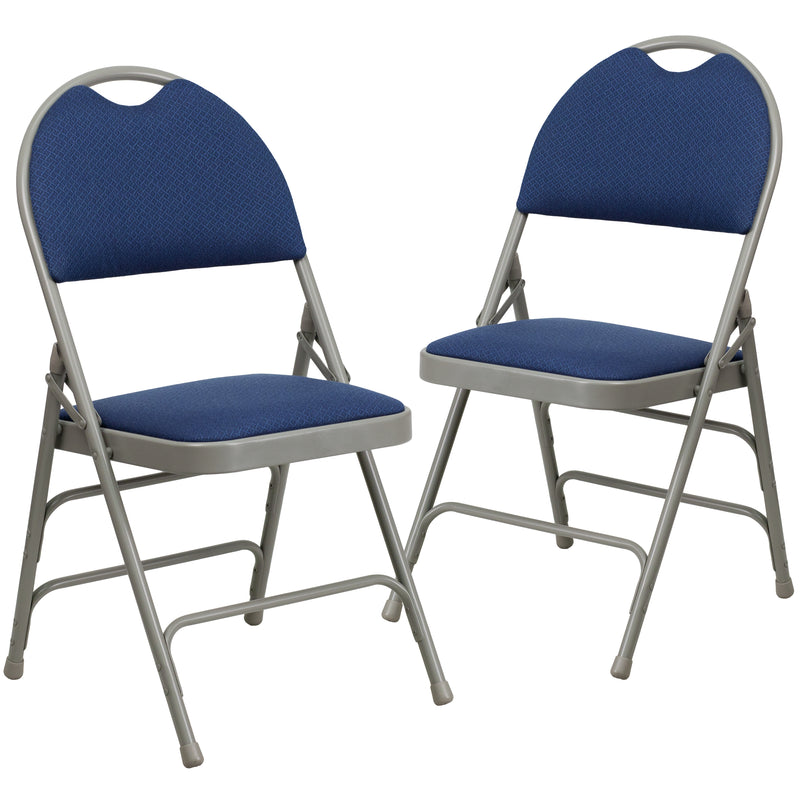 2 Pack SINGLEWAVE Series Ultra-Premium Triple Braced Navy Fabric Metal Folding Chair with Easy-Carry Handle