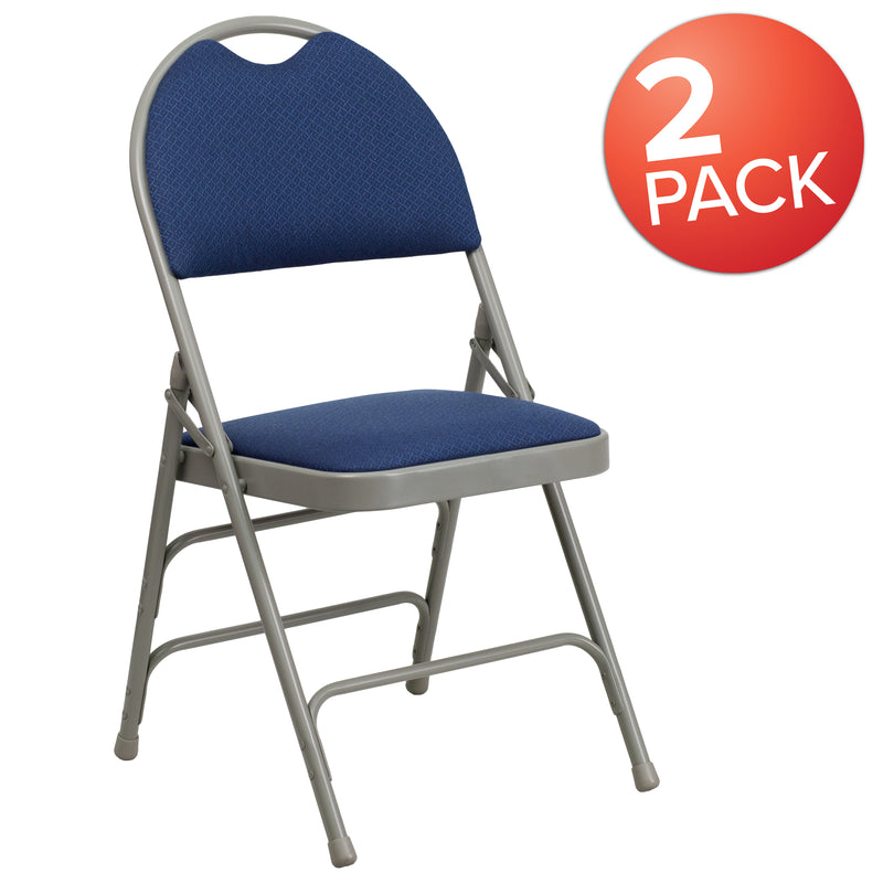 2 Pack SINGLEWAVE Series Ultra-Premium Triple Braced Navy Fabric Metal Folding Chair with Easy-Carry Handle