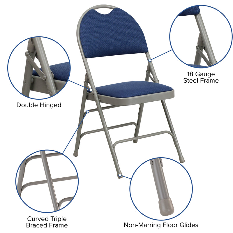 2 Pack SINGLEWAVE Series Ultra-Premium Triple Braced Navy Fabric Metal Folding Chair with Easy-Carry Handle