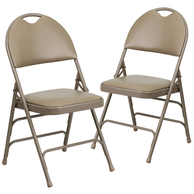 2 Pack SINGLEWAVE Series Ultra-Premium Triple Braced Beige Vinyl Metal Folding Chair with Easy-Carry Handle