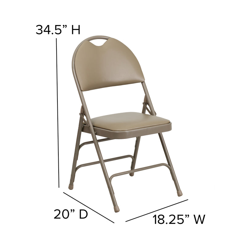 2 Pack SINGLEWAVE Series Ultra-Premium Triple Braced Beige Vinyl Metal Folding Chair with Easy-Carry Handle