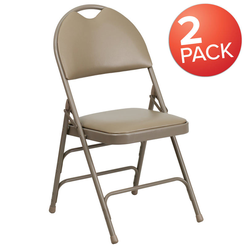 2 Pack SINGLEWAVE Series Ultra-Premium Triple Braced Beige Vinyl Metal Folding Chair with Easy-Carry Handle