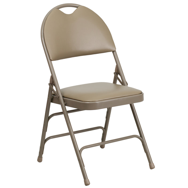 2 Pack SINGLEWAVE Series Ultra-Premium Triple Braced Beige Vinyl Metal Folding Chair with Easy-Carry Handle