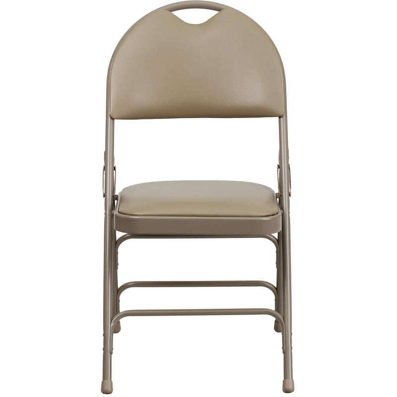 2 Pack SINGLEWAVE Series Ultra-Premium Triple Braced Beige Vinyl Metal Folding Chair with Easy-Carry Handle