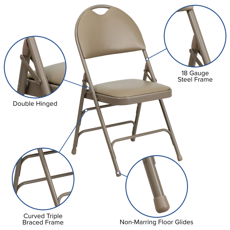 2 Pack SINGLEWAVE Series Ultra-Premium Triple Braced Beige Vinyl Metal Folding Chair with Easy-Carry Handle