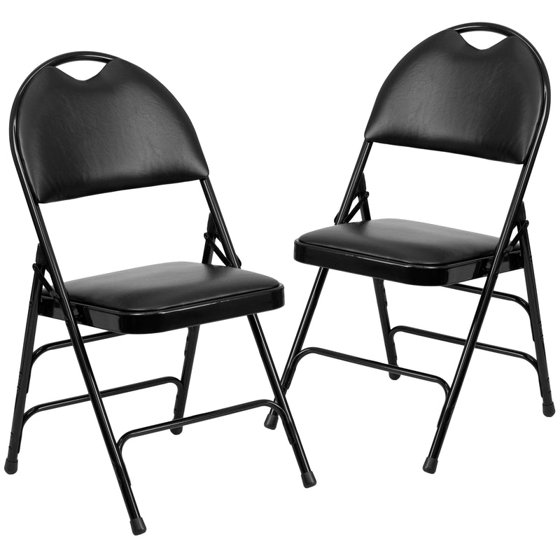 2 Pack SINGLEWAVE Series Ultra-Premium Triple Braced Black Vinyl Metal Folding Chair with Easy-Carry Handle